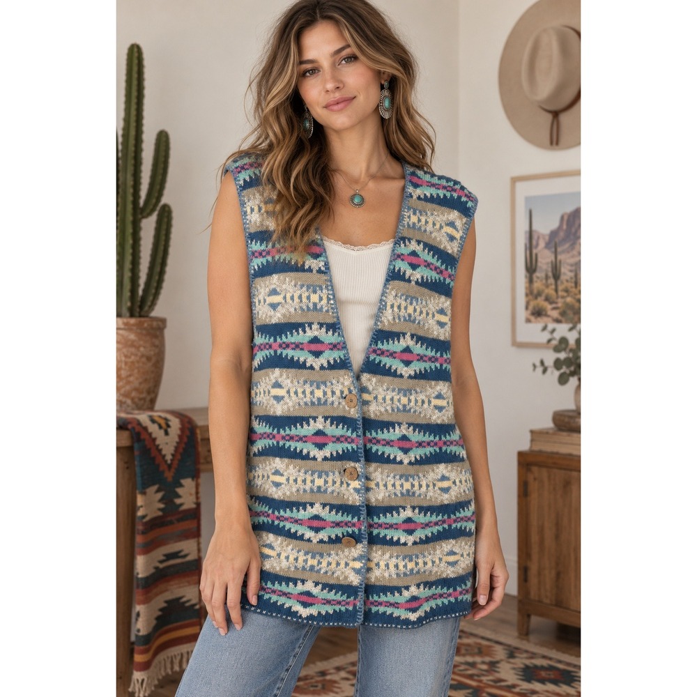Southwest Knit Sweater Vest Womens Large Western Granny Boho Coldwater Creek